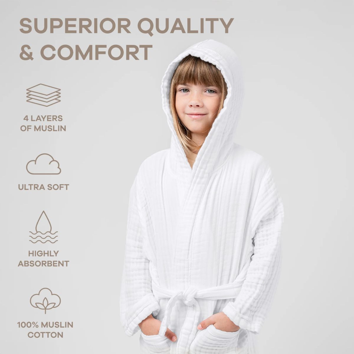 Comfy Cubs Muslin Hooded Baby Bath Robe 100% Cotton White - 6-12M on Luna Baby Store Miami