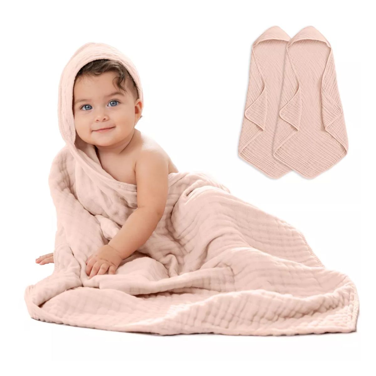 Comfy Cubs Hooded Baby Towel 2 pack 100% Muslin Cotton - Blush