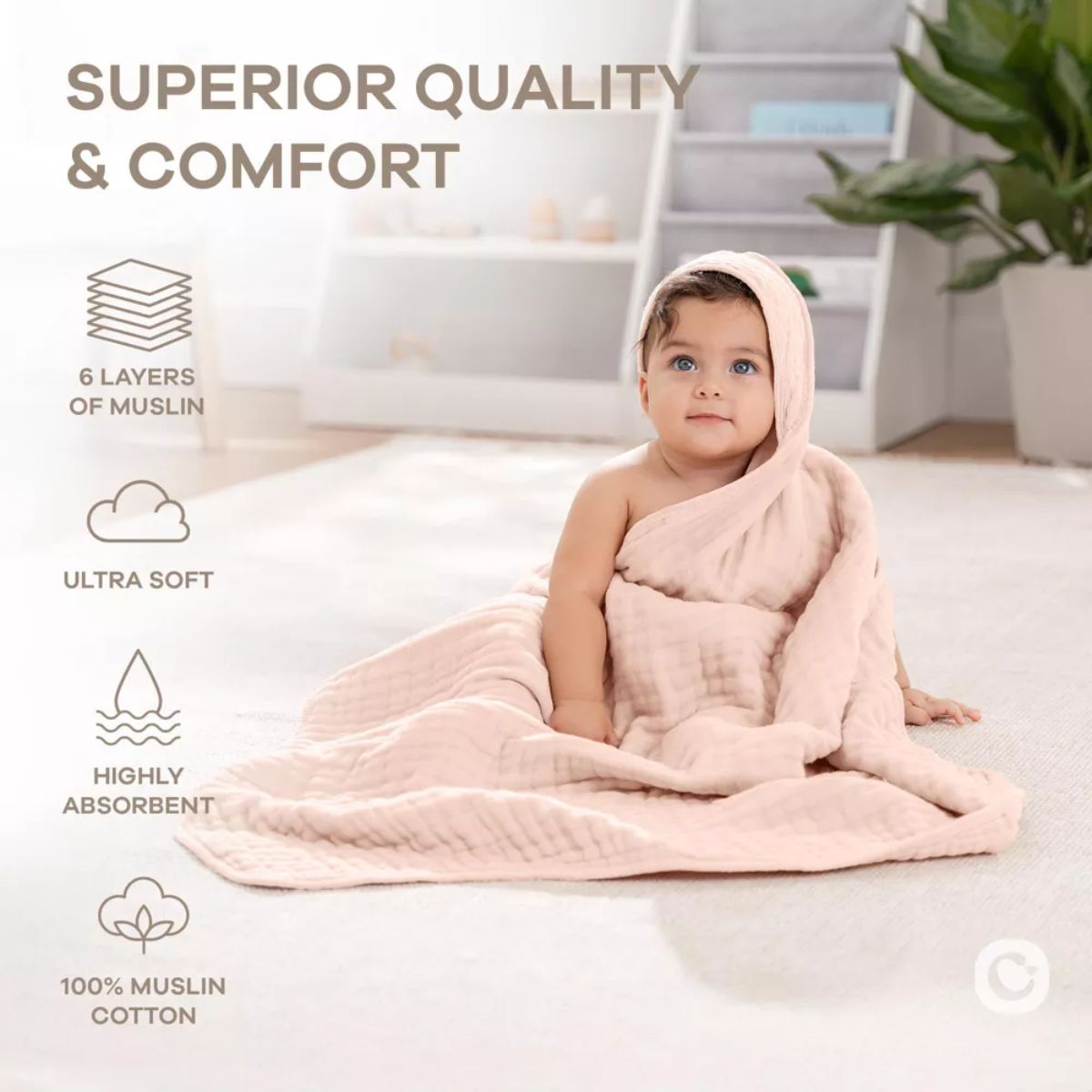 Comfy Cubs Hooded Baby Towel 2 pack 100% Muslin Cotton - Blush