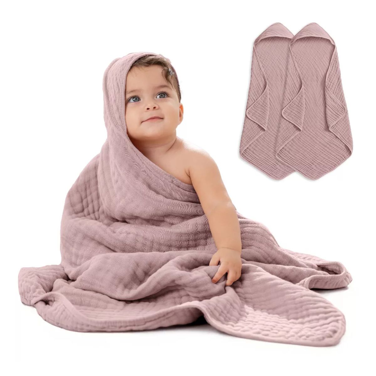 Comfy Cubs Hooded Baby Towel 2 pack 100% Muslin Cotton - Mauve