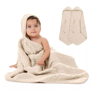 Comfy Cubs Hooded Baby Towel 2 pack 100% Muslin Cotton  - Sand