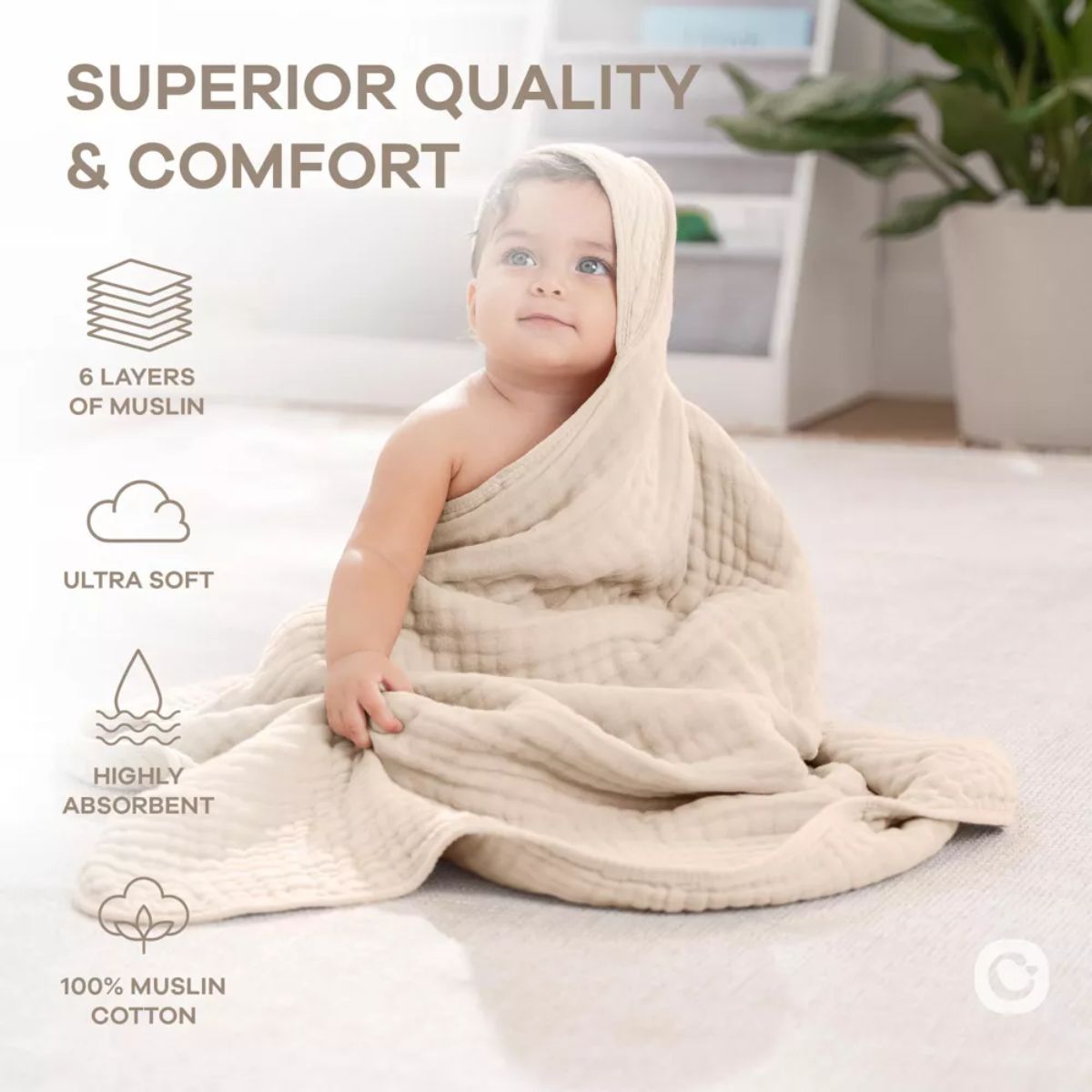 Comfy Cubs Hooded Baby Towel 2 pack 100% Muslin Cotton  - Sand
