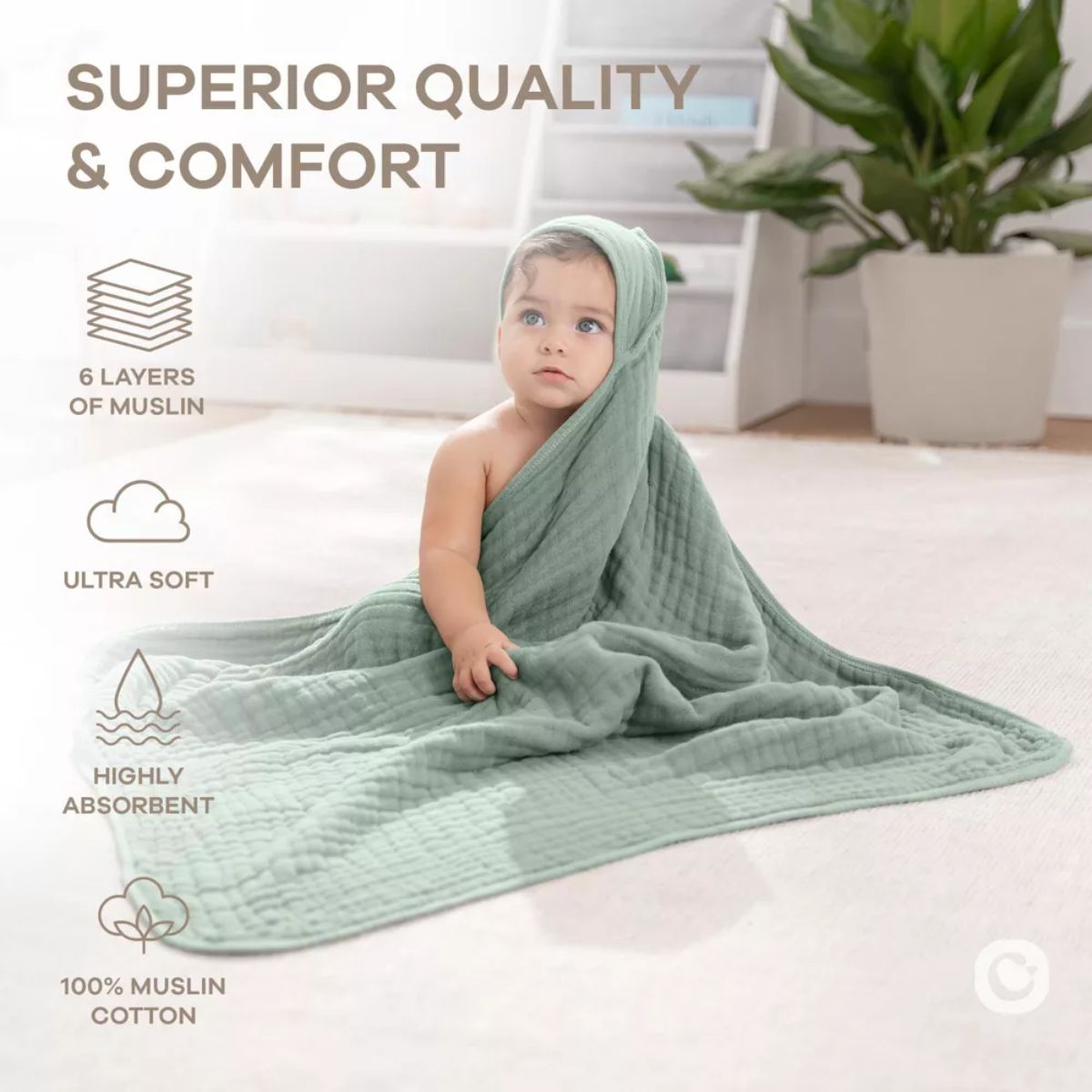 Comfy Cubs Hooded Baby Towel 2 pack 100% Muslin Cotton - Fern