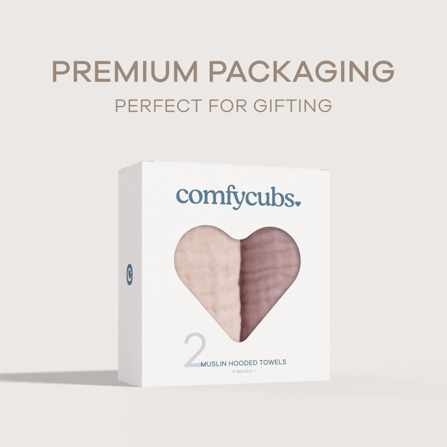 Comfy Cubs Hooded Baby Towel 2 pack 100% Muslin Cotton - Mauve And Blush