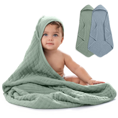 Comfy Cubs Hooded Baby Towel 2 pack 100% Muslin Cotton - Pacific Blue and Fern