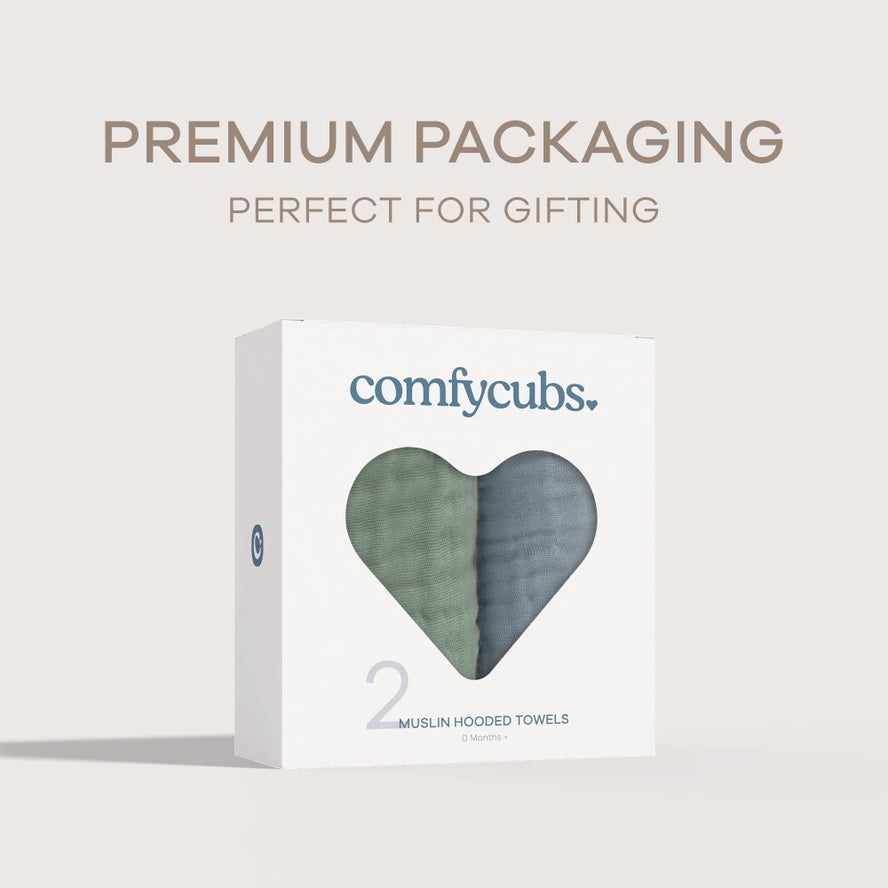 Comfy Cubs Hooded Baby Towel 2 pack 100% Muslin Cotton - Pacific Blue and Fern