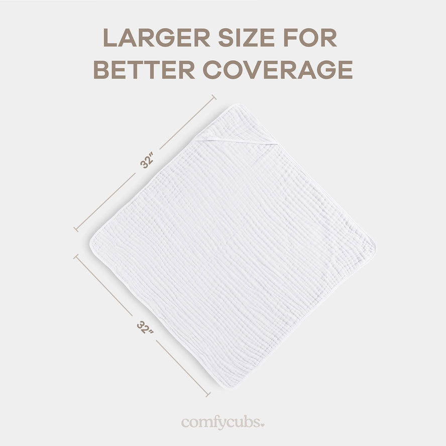 Comfy Cubs Hooded Baby Towel 2 pack 100% Muslin Cotton  - White