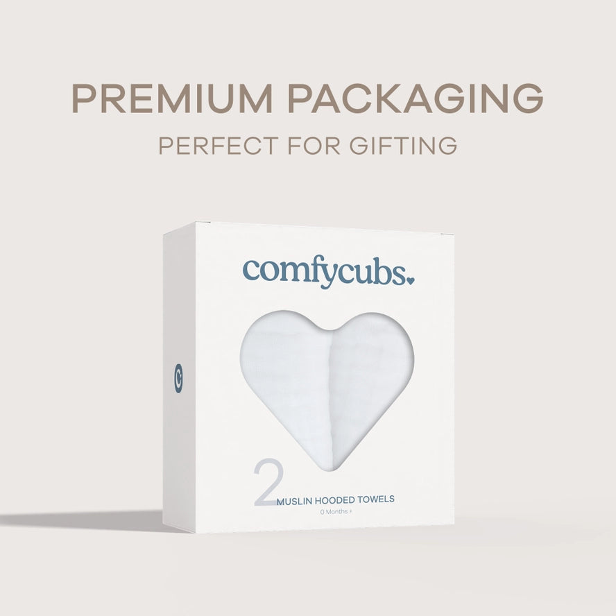 Comfy Cubs Hooded Baby Towel 2 pack 100% Muslin Cotton  - White