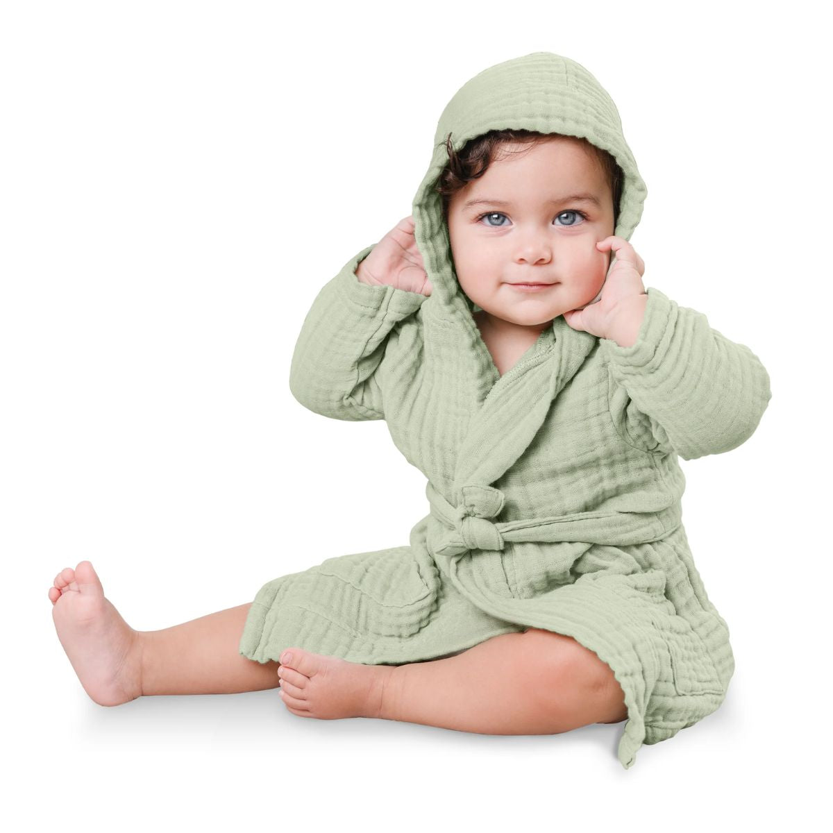 Comfy Cubs Muslin Hooded Baby Bath Robe 100% Cotton Sage - 6-12M on Luna Baby Store Miami