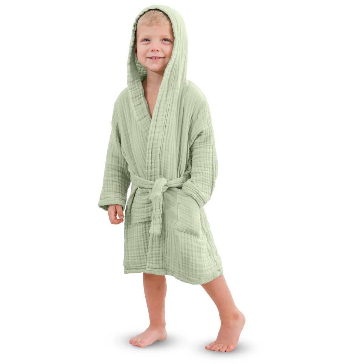 Comfy Cubs Muslin Hooded Baby Bath Robe 100% Cotton Sage - 6-12M