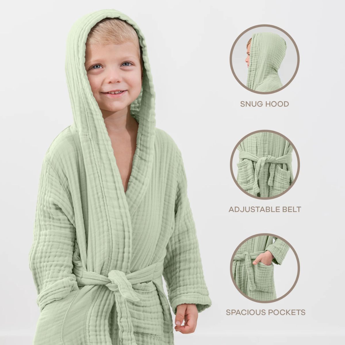 Comfy Cubs Muslin Hooded Baby Bath Robe 100% Cotton Sage - 6-12M