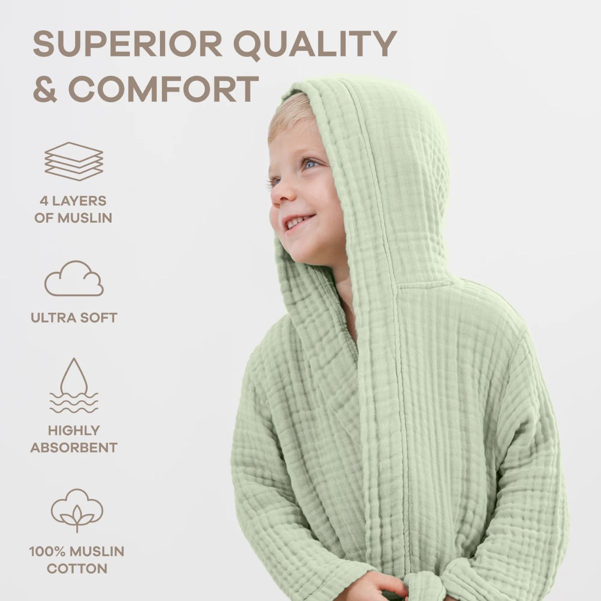Comfy Cubs Muslin Hooded Baby Bath Robe 100% Cotton Sage - 6-12M on Luna Baby Store Miami