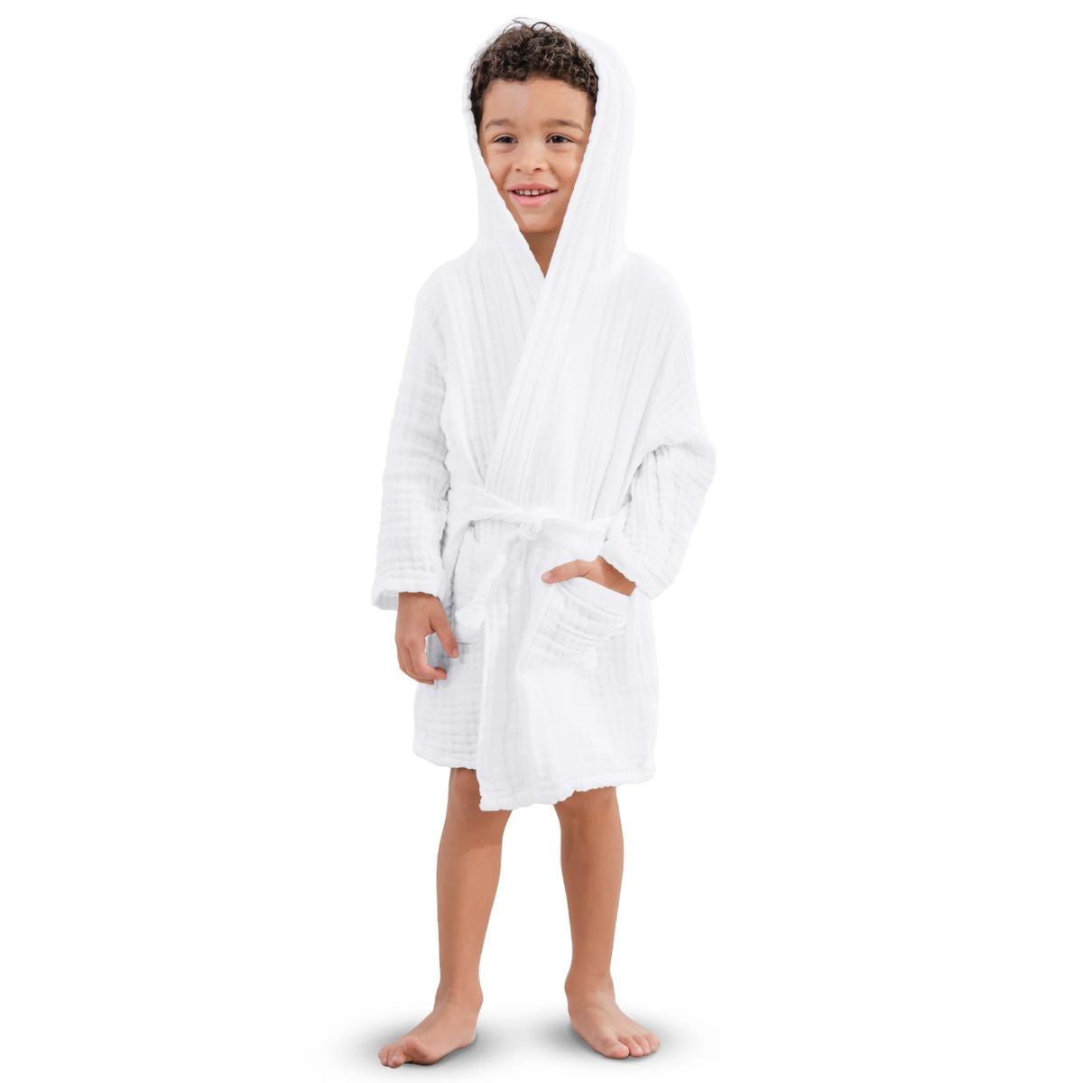 Comfy Cubs Muslin Hooded Baby Bath Robe 100% Cotton White - 6-12M