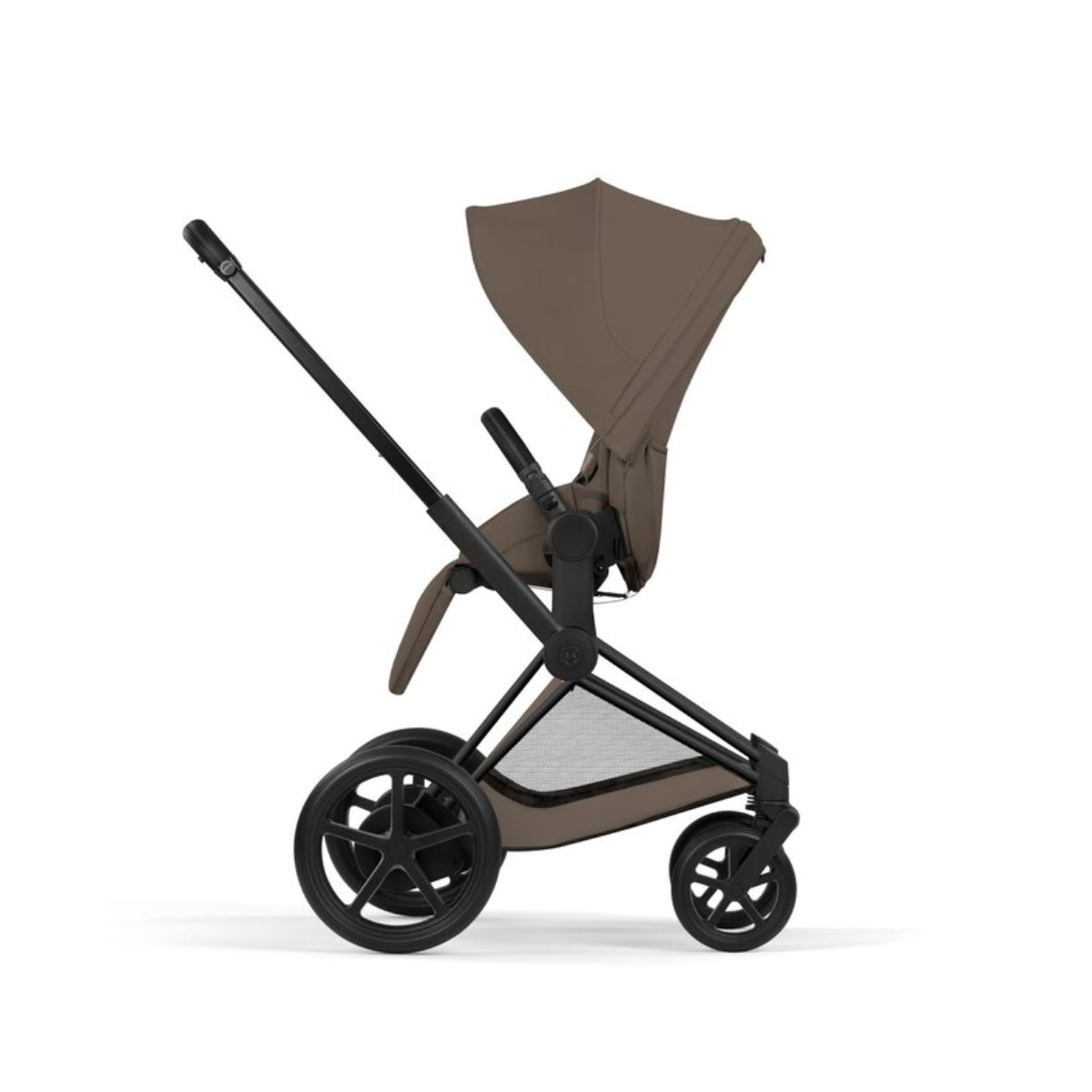 Cybex E-Priam Stroller - Comfort Collection Matte Black Frame/Coconut Brown Lux Seat on Luna Baby Store Miami