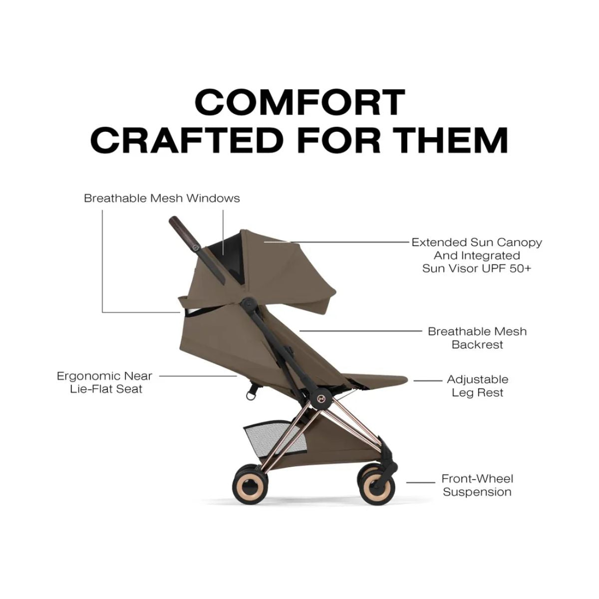 Cybex Coya Stroller (2026) - Style Collection - Rose Gold Frame / Coconut Brown Lux Seat on Luna Baby Store Miami