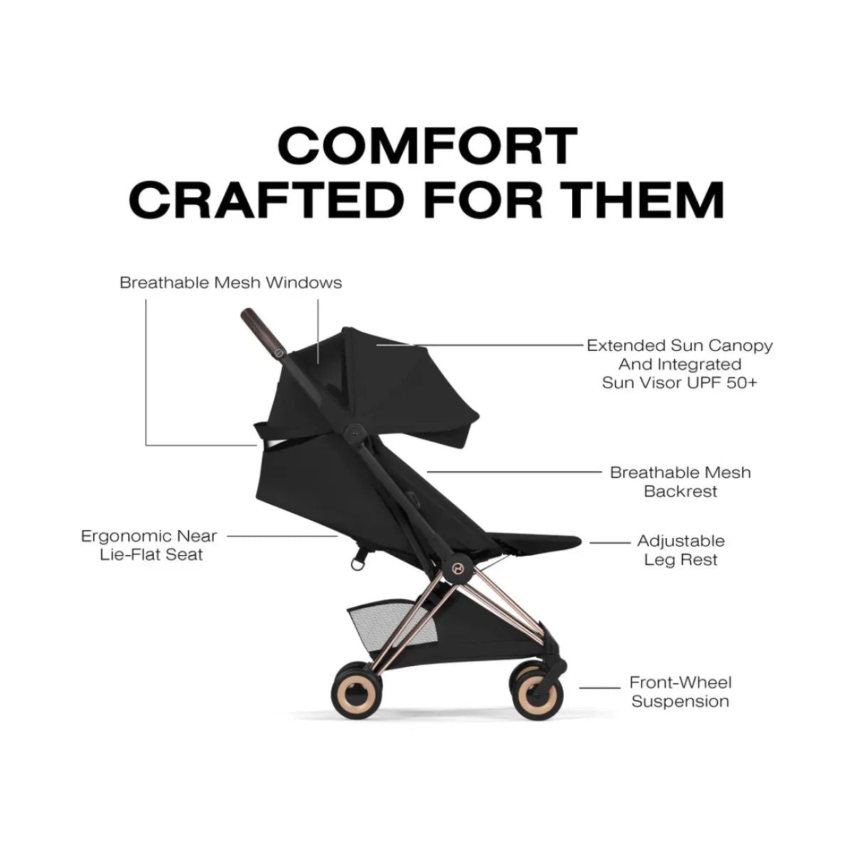 Cybex Coya Stroller (2026) - Style Collection - Rose Gold Frame / Sepia Black Lux Seat on Luna Baby Store Miami