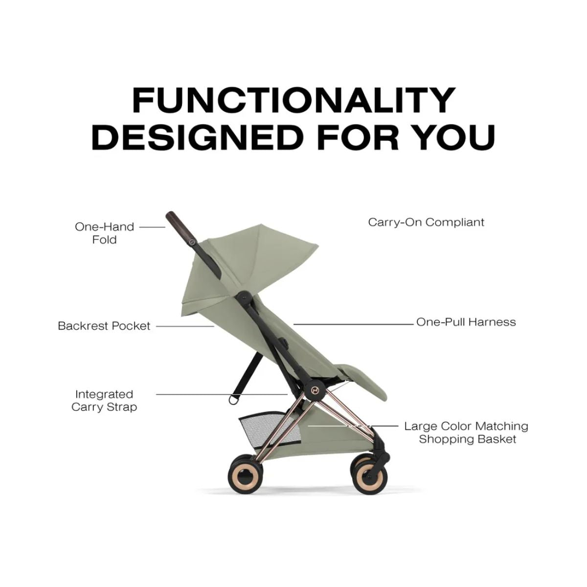 Cybex Coya Stroller (2026) - Style Collection - Rose Gold Frame / Sage Green Lux Seat on Luna Baby Store Miami