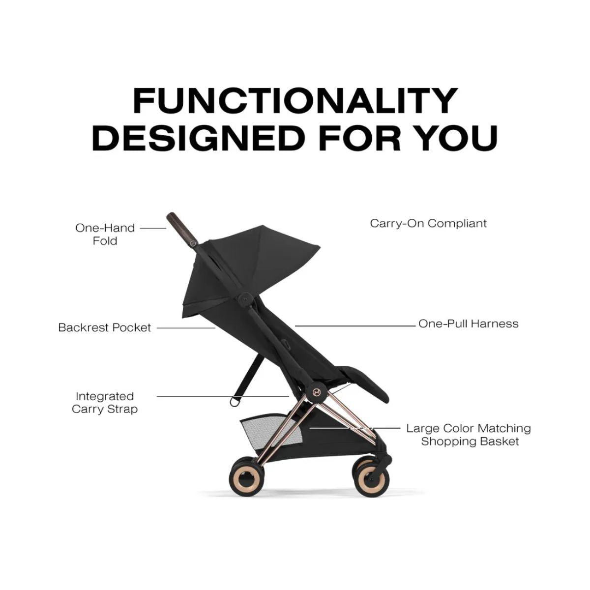 Cybex Coya Stroller (2026) - Style Collection - Rose Gold Frame / Sepia Black Lux Seat on Luna Baby Store Miami