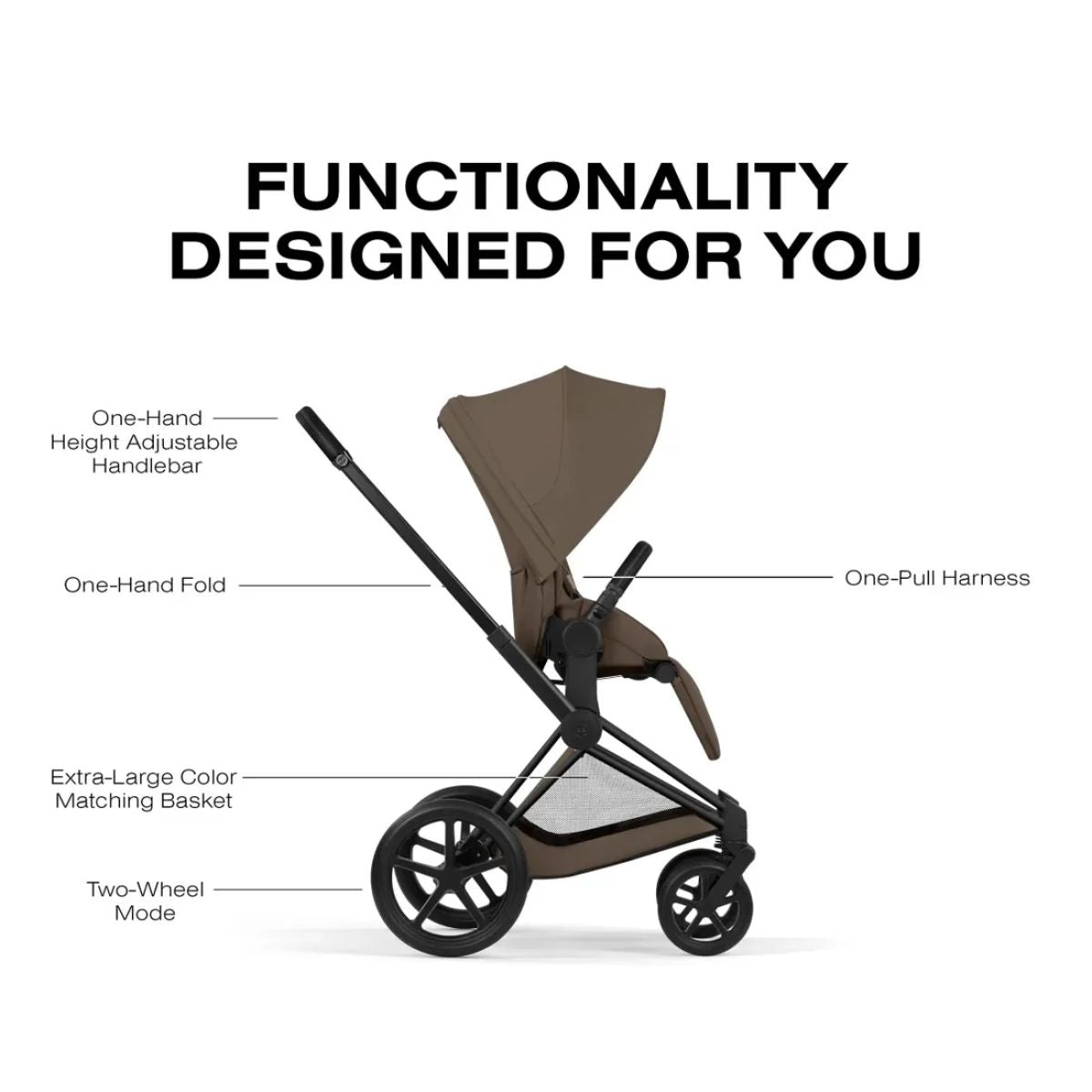 Cybex Priam Stroller Comfort Collection - Matte Black Frame / Coconut Brown Lux Seat on Luna Baby Store Miami