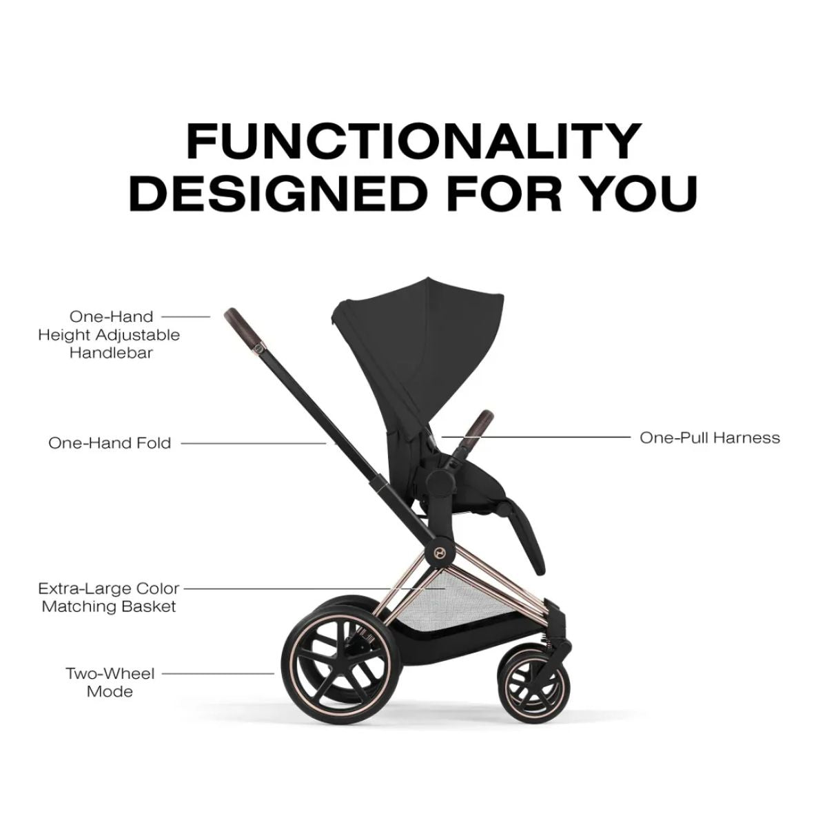 Cybex Priam Stroller (2026) - Rose Gold Frame / Sepia Black Lux Seat on Luna Baby Store Miami