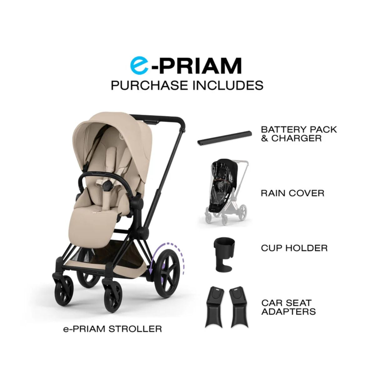 Cybex E-Priam Stroller - Matte Black Frame/Cozy Beige Lux Seat on Luna Baby Store Miami