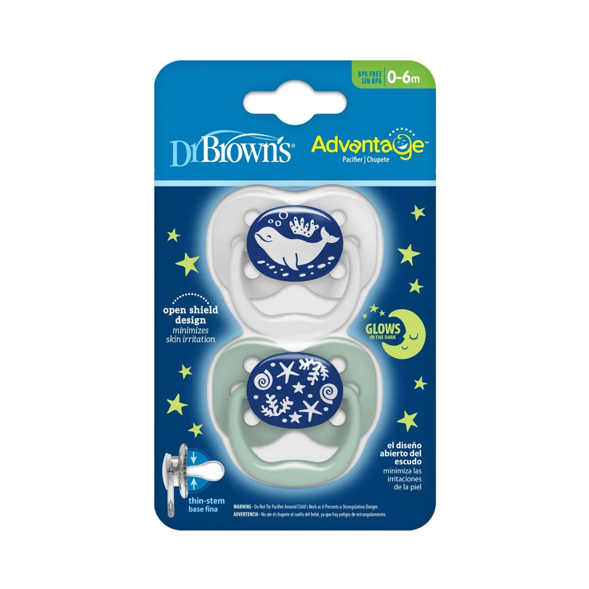 Dr. Brown’s Advantage Glow-in-the-Dark Pacifiers 0-6M Pack of 2 Blue Ocean