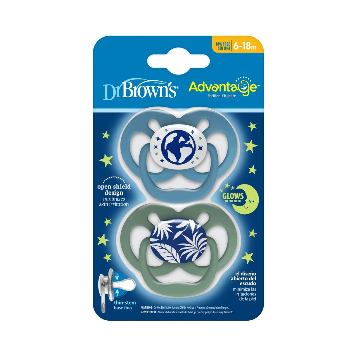 Dr. Brown’s Advantage Glow-in-the-Dark Pacifiers 6-18M Pack of 2 Blue Nature on Luna Baby Store Miami