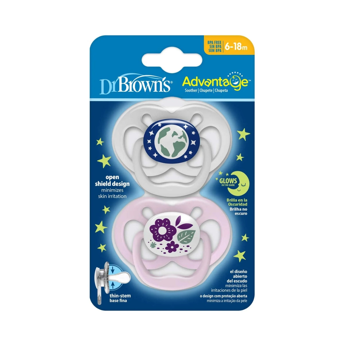 Dr. Brown’s Advantage Glow-in-the-Dark Pacifiers 6-18M Pack of 2 Purple Nature