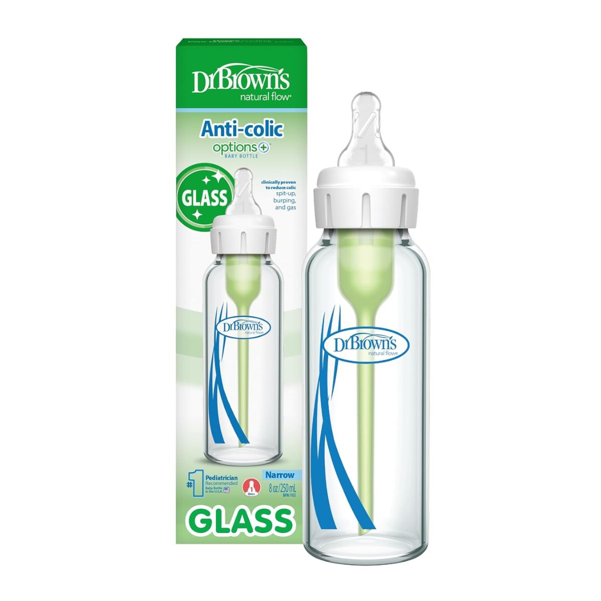 Dr. Brown's - 8Oz Options+ Glass Narrow Baby Bottle, 1Pk