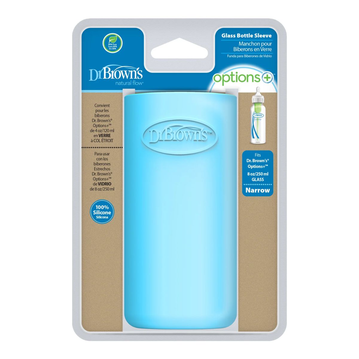 Dr. Brown’s Options+ Narrow Glass Bottle Silicone Sleeve Blue 8oz on Luna Baby Store Miami