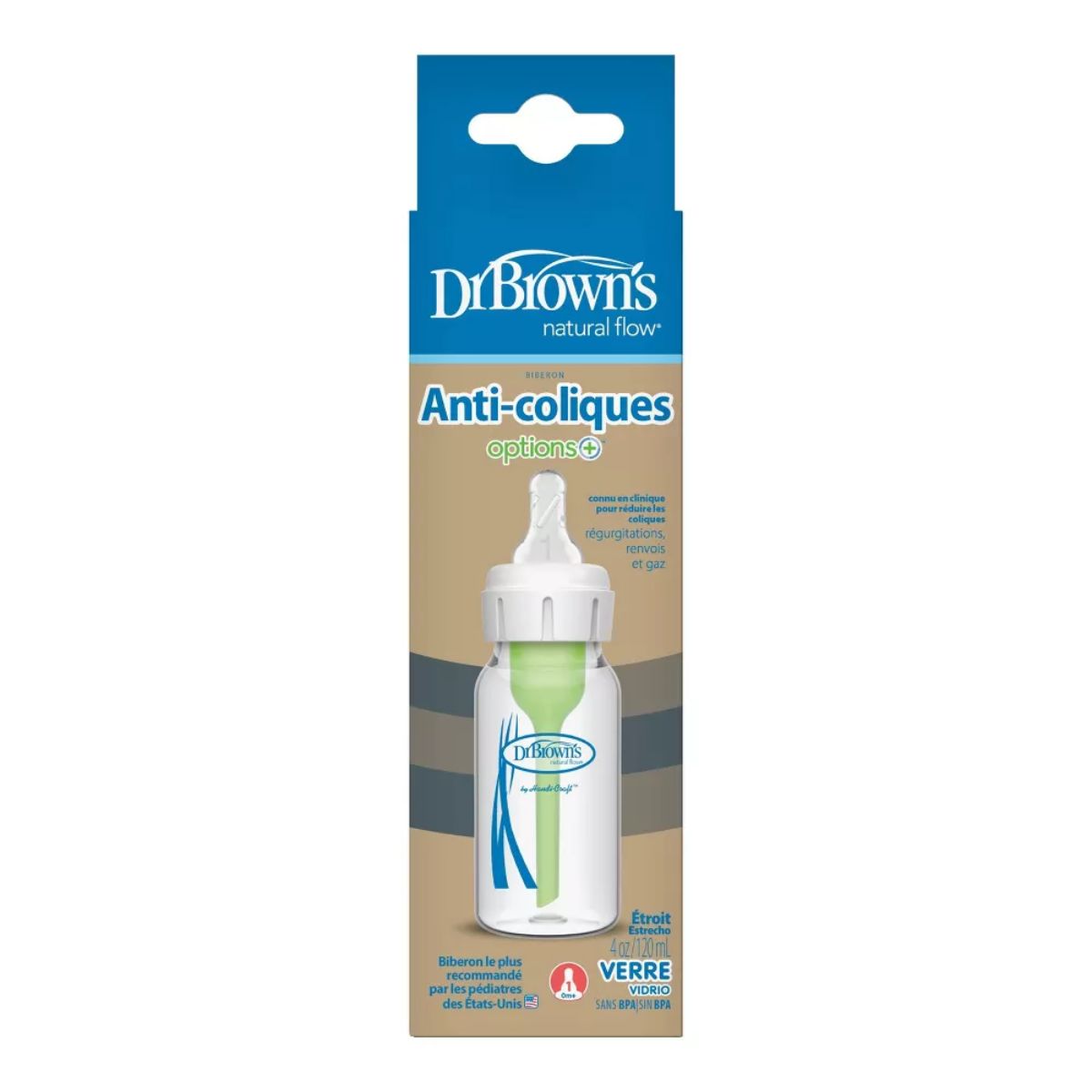 Dr. Brown’s Options+ Anti-Colic Narrow Glass Baby Bottle 4oz on Luna Baby Store Miami