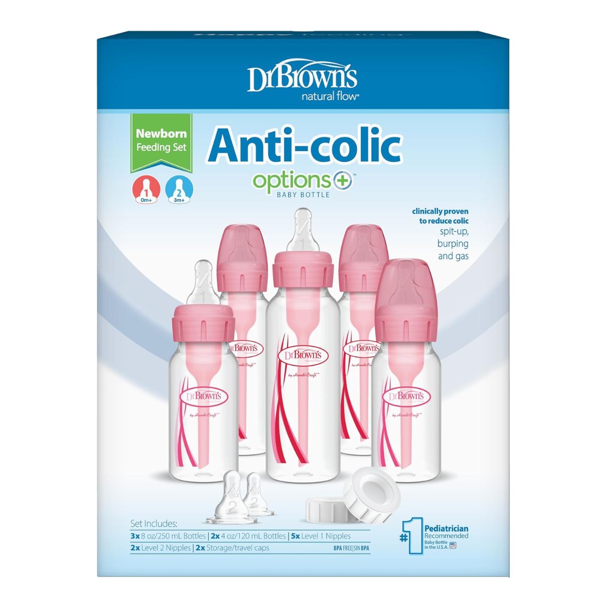 Dr. Brown’s Options+ Anti-Colic Newborn Narrow Baby Bottle Gift Set Pink - 0m+ on Luna Baby Store Miami
