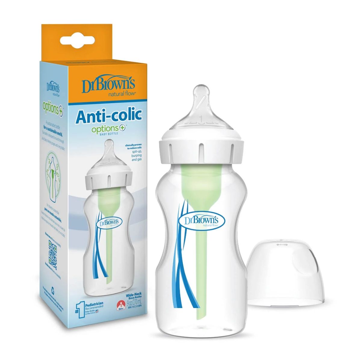 Dr. Brown’s Options+ Wide-Neck Baby Bottle 9 oz, 0m+ - Level 1 on Luna Baby Store Miami