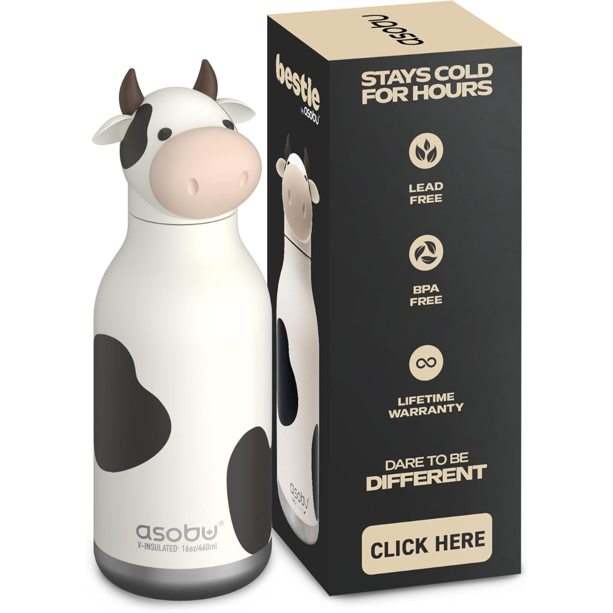 Garrafa Térmica Infantil Asobu Bestie Vaquinha 460ML - Leakproof & Easy to Drink From