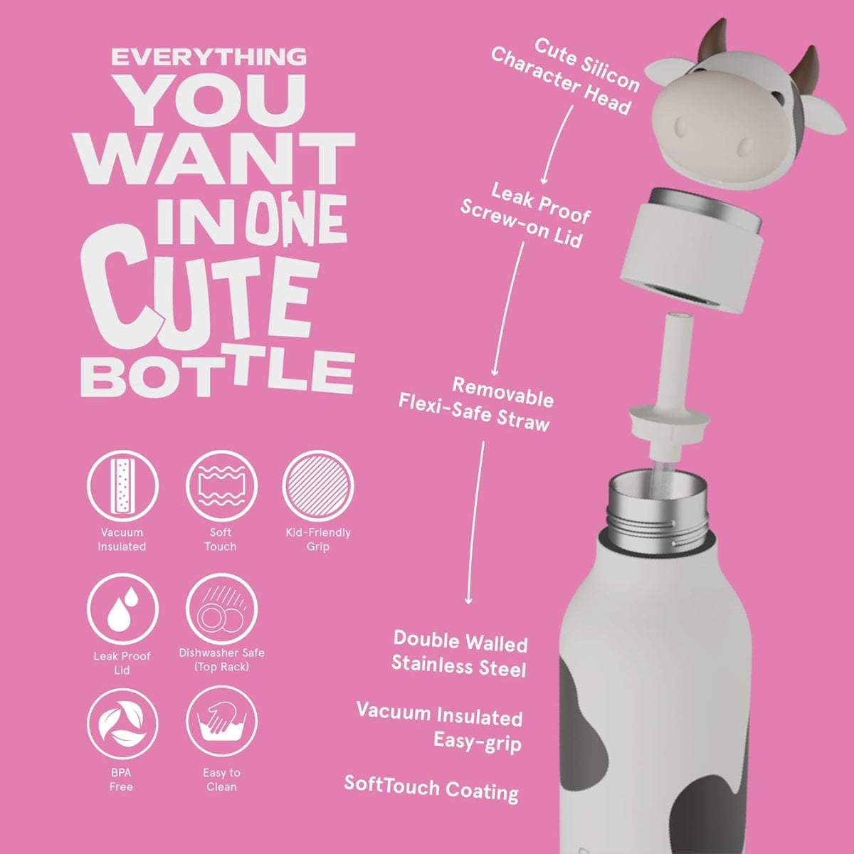 Garrafa Térmica Infantil Asobu Bestie Vaquinha 460ML - Durable Stainless Steel Construction