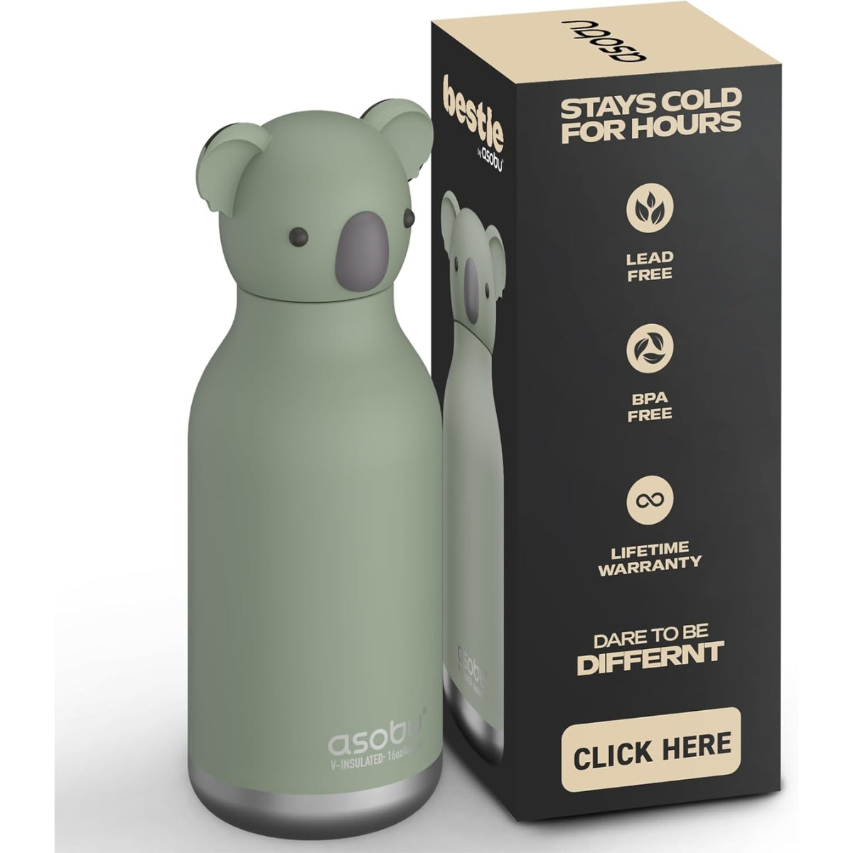 Asobu - Stainless Steel Bottle Silicone Head Koala - Leakproof & Easy to Drink From