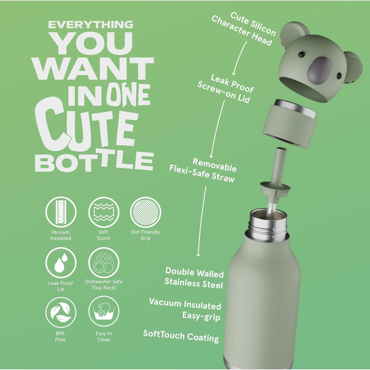 Asobu - Stainless Steel Bottle Silicone Head Koala - Durable Stainless Steel Construction