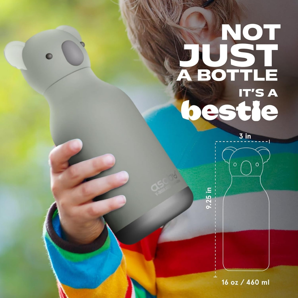 Asobu - Stainless Steel Bottle Silicone Head Koala - Keeps Drinks Cold for 24 Hours