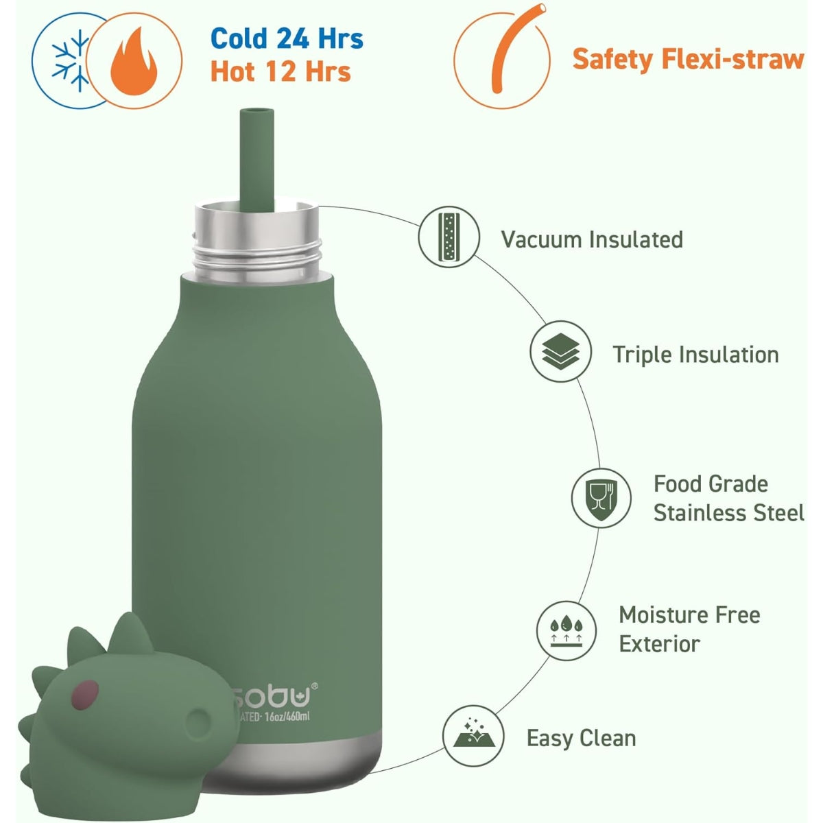 Garrafa Térmica Infantil Asobu Bestie Dinossauro 460ML - Keeps Drinks Cold for 24 Hours