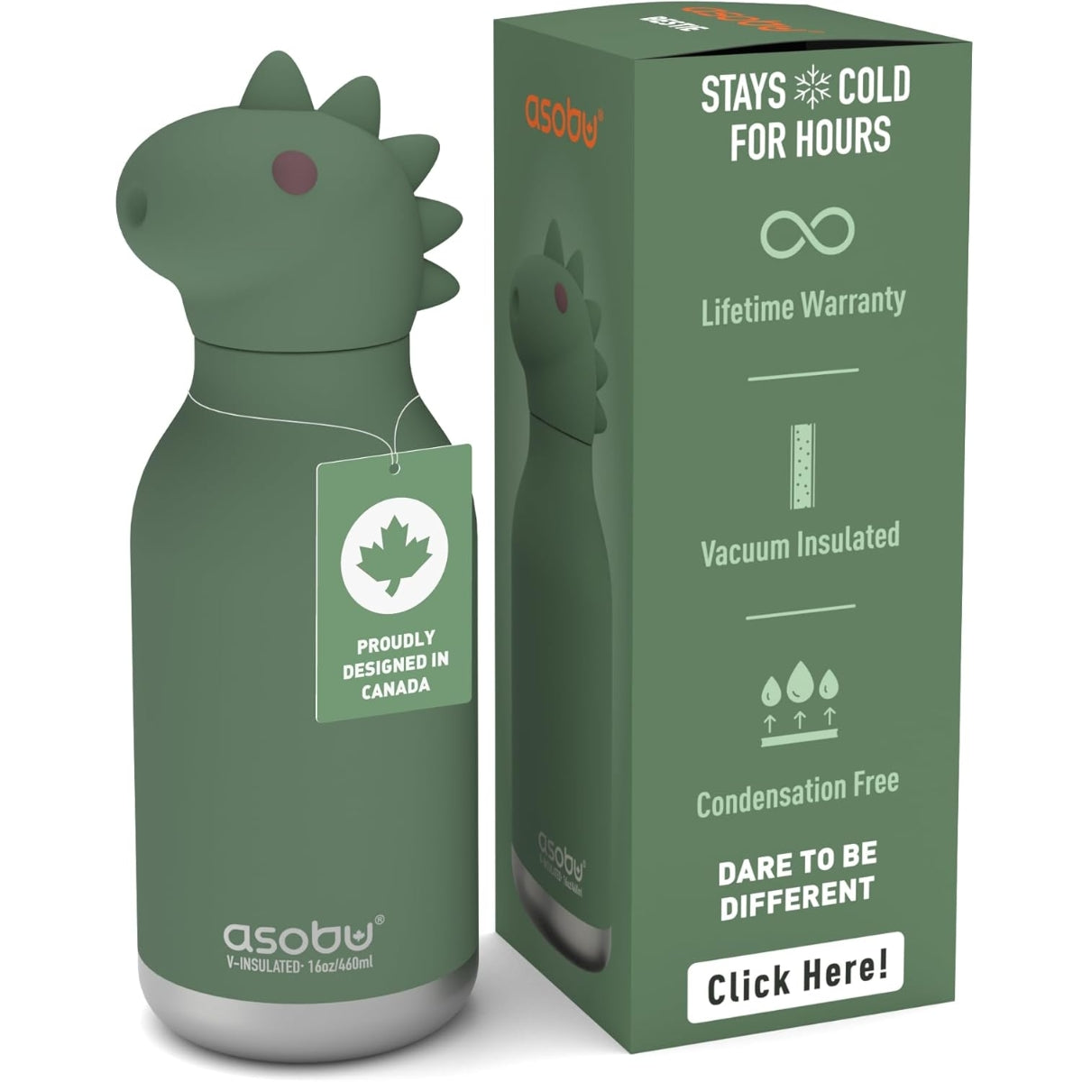 Garrafa Térmica Infantil Asobu Bestie Dinossauro 460ML - Leakproof & Easy to Drink From
