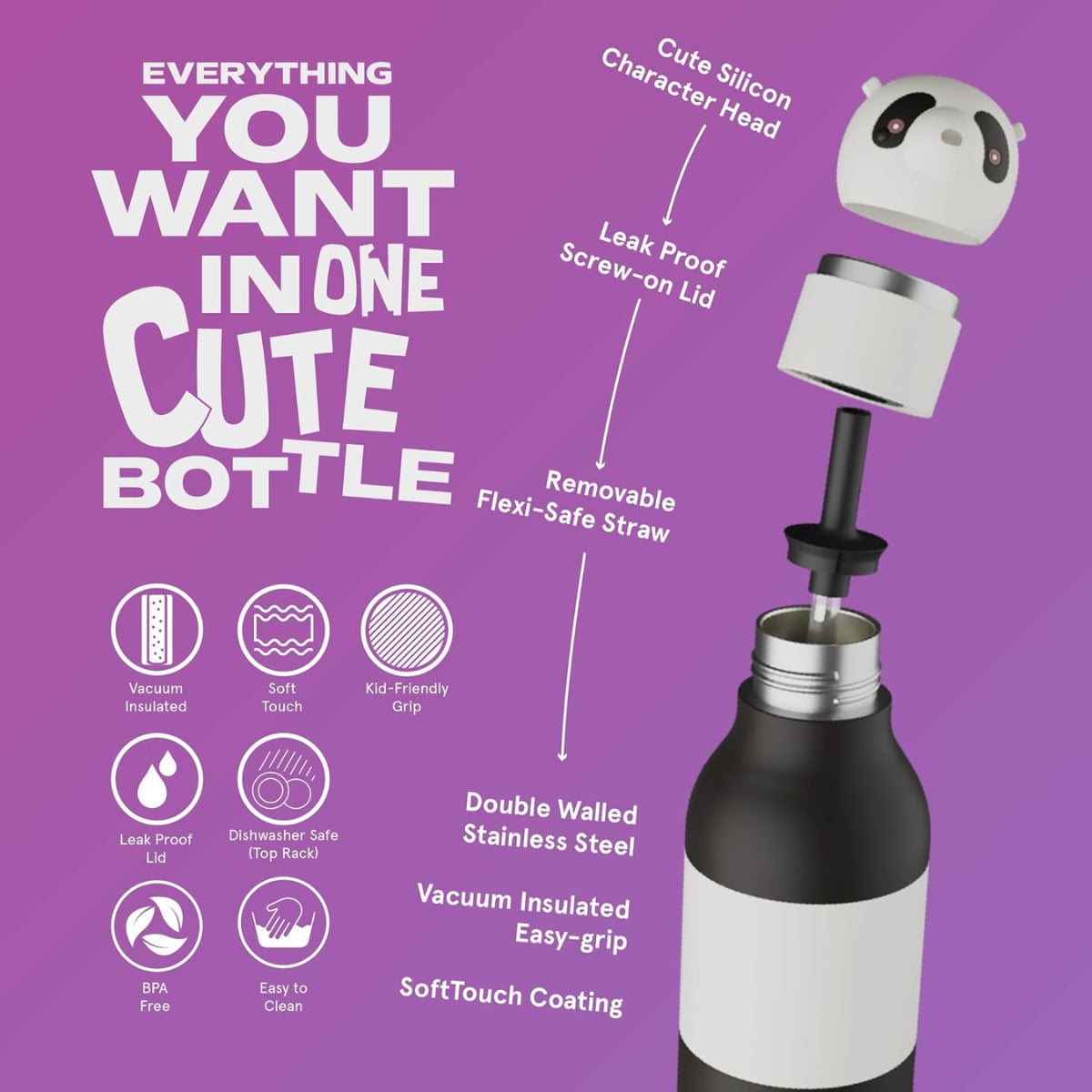 Garrafa Térmica Infantil Asobu Bestie Panda 460ML - Durable Stainless Steel Construction