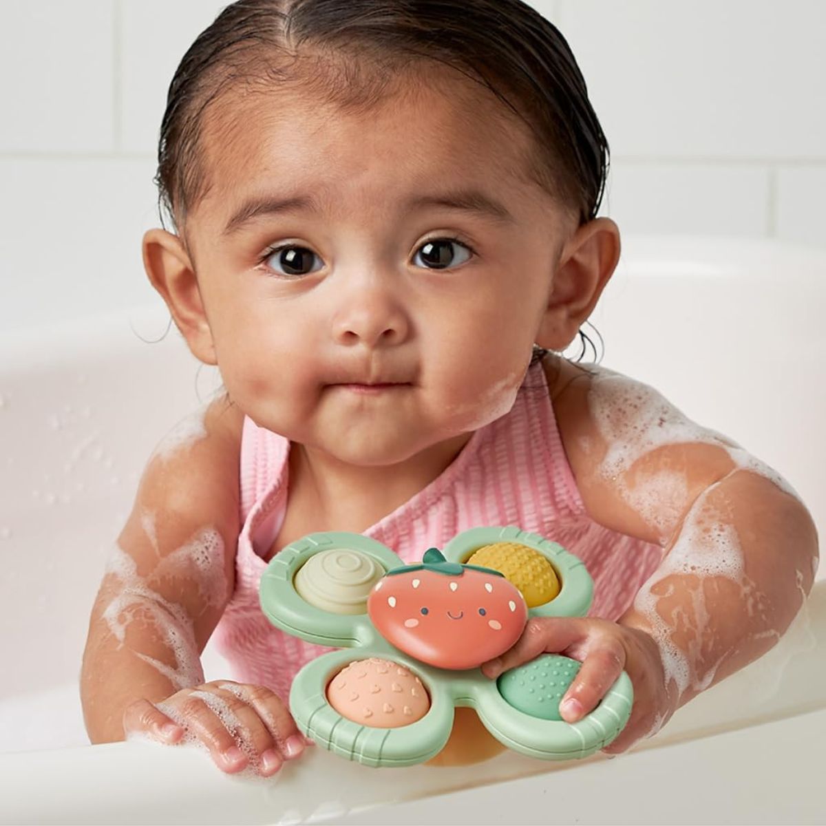 Itzy Ritzy Pop & Whirl Fidget Spinner Travel & Bath Toy - Strawberry on Luna Baby Store Miami