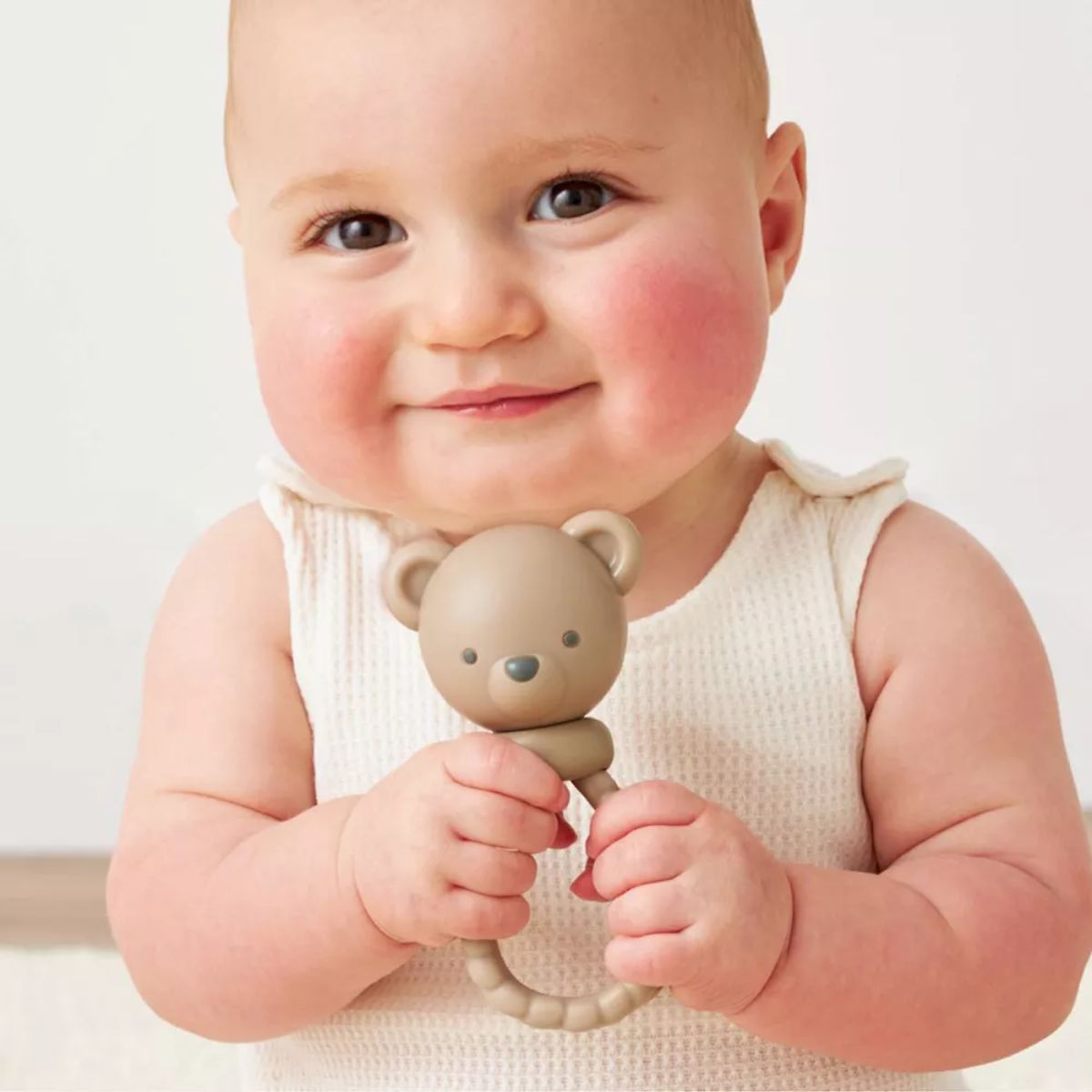 Itzy Ritzy Shake and Smile Silicone Baby Teether - Tan Bear on Luna Baby Store Miami