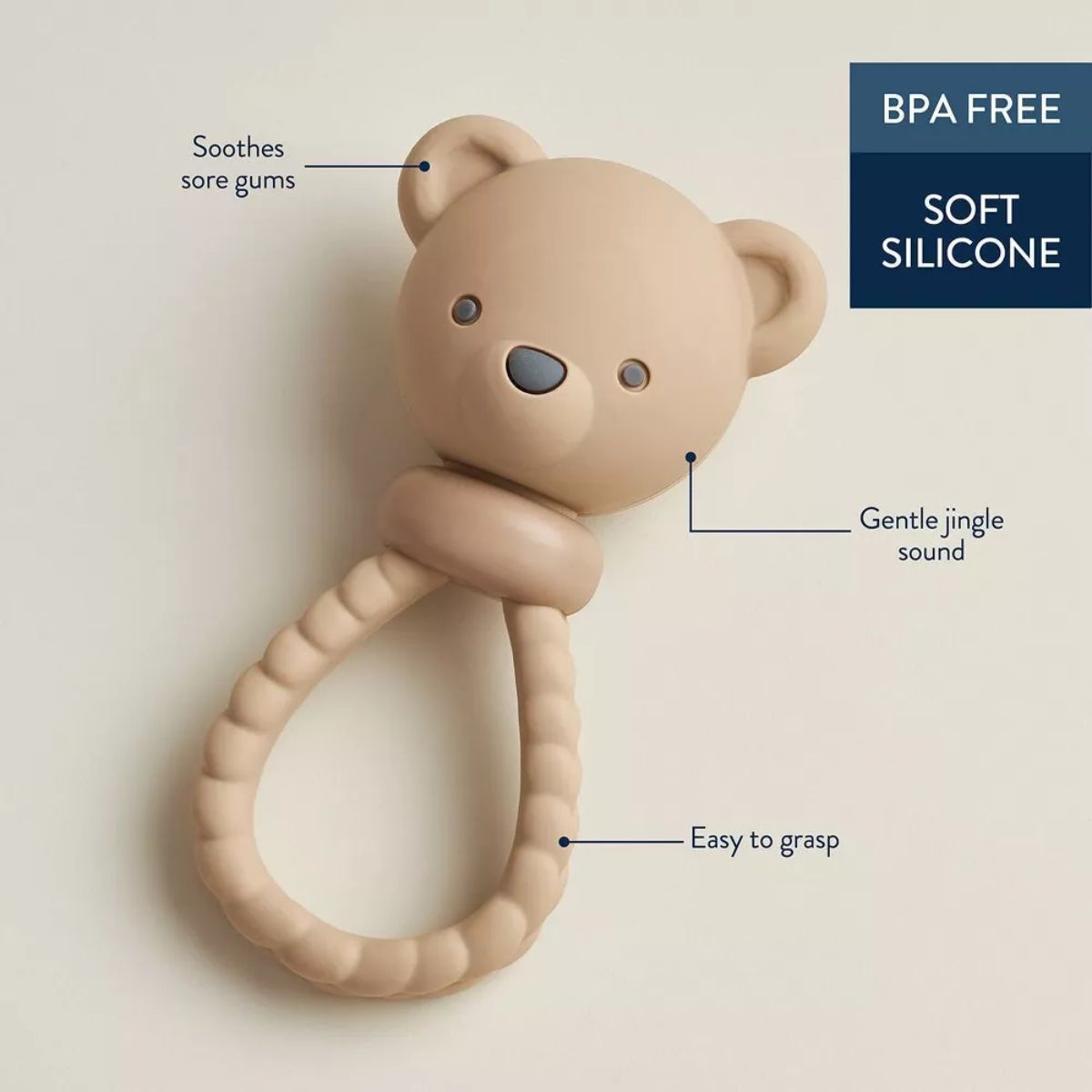 Itzy Ritzy Shake and Smile Silicone Baby Teether - Tan Bear on Luna Baby Store Miami