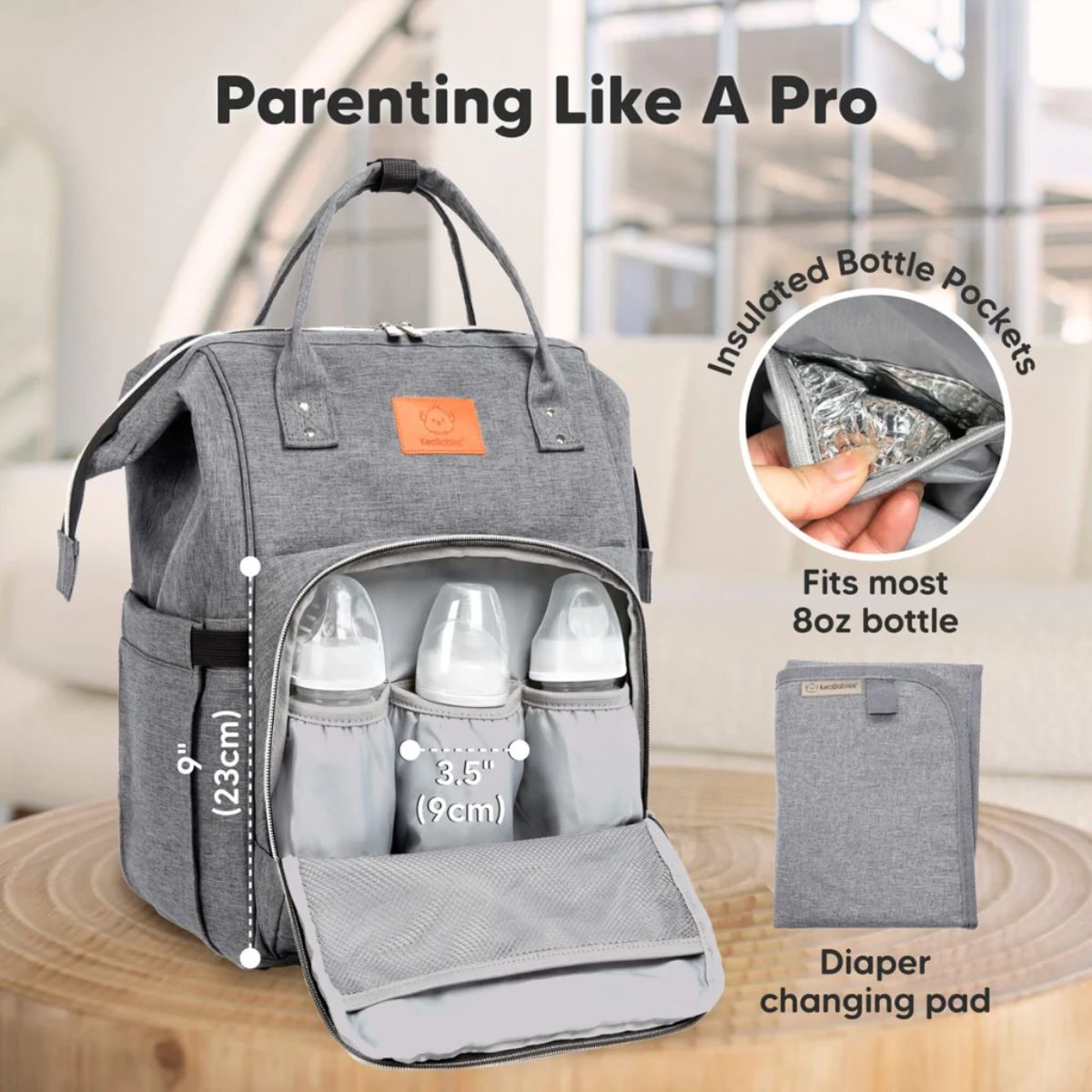 KeaBabies Original Diaper Bag Backpack - Classic Grey