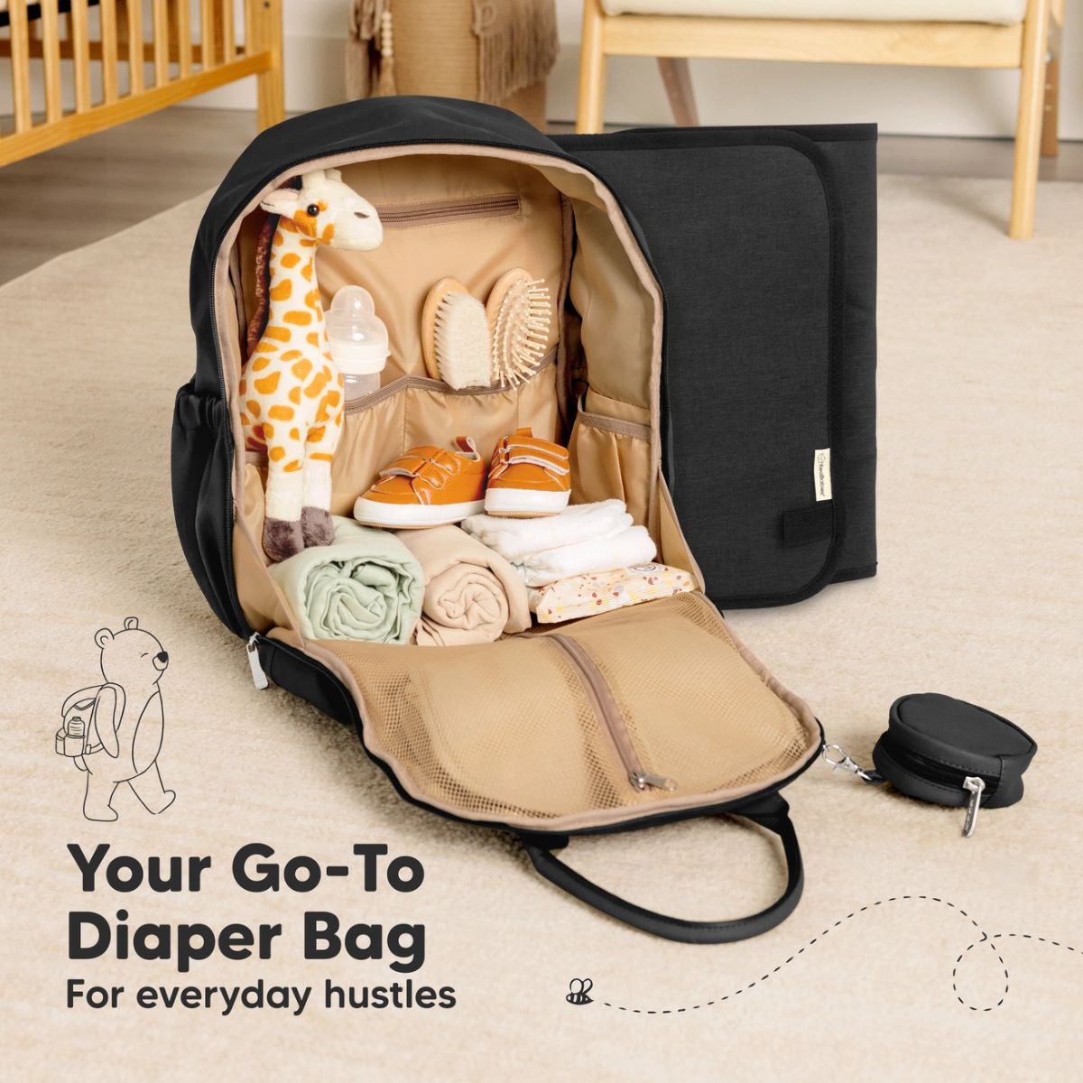 KeaBabies Play Diaper Backpack with Changing Pad - Trendy Black