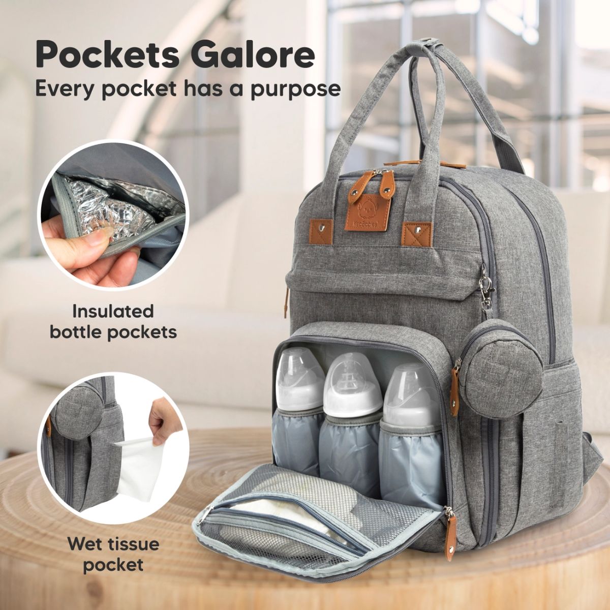 KeaBabies Rove Diaper Backpack - Classic Grey on Luna Baby Store Miami