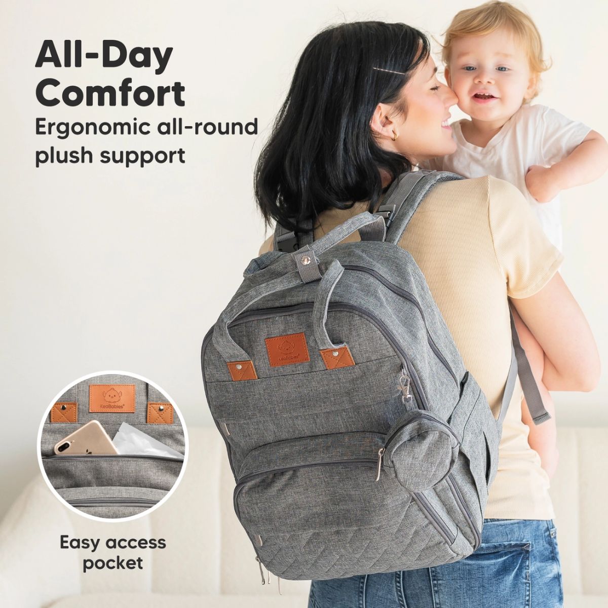 KeaBabies Rove Diaper Backpack - Classic Grey on Luna Baby Store Miami