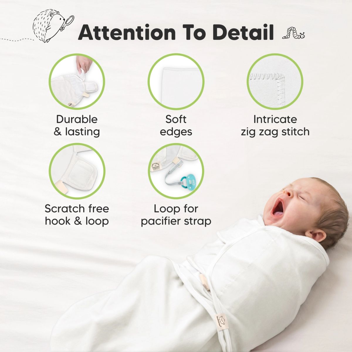 KeaBabies Soothe Swaddle Sack 3 Pack Organic Cotton 0-3M - Soft White
