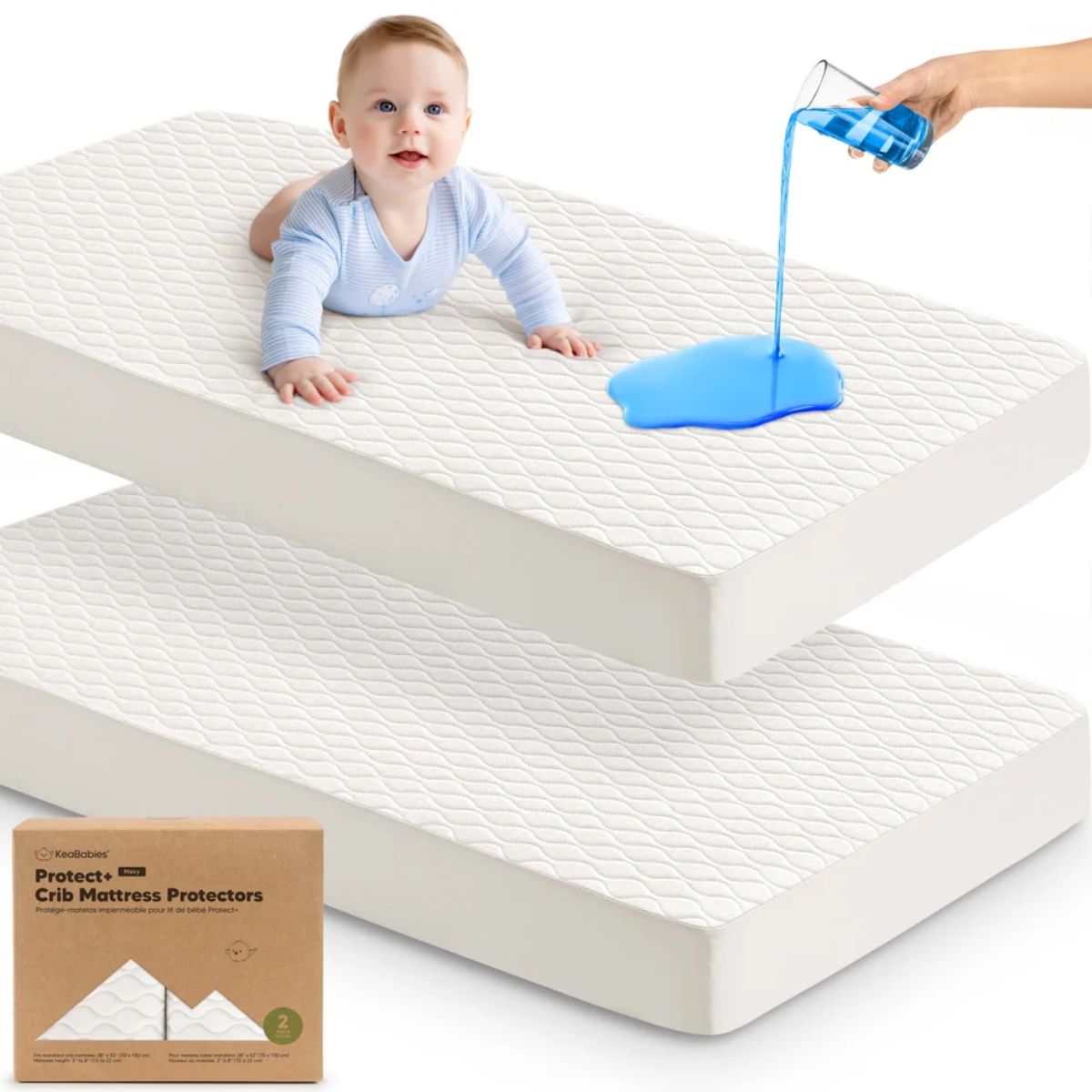 KeaBabies Waterproof Crib Mattress Protector Cover Fitted 2-Pack - Soft White on Luna Baby Store Miami